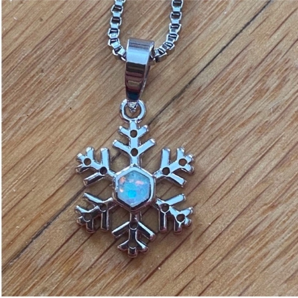 Silver Snowflake Pendant Necklace with Opal Center